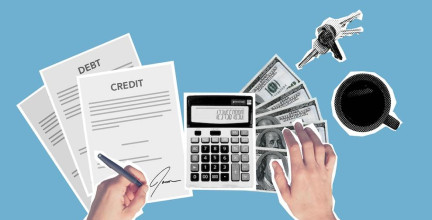 This image features a collage on personal finance management with elements like documents labeled "DEBT" and "CREDIT," a calculator being operated by hands, money, keys, and a coffee cup, all set against a light blue background.